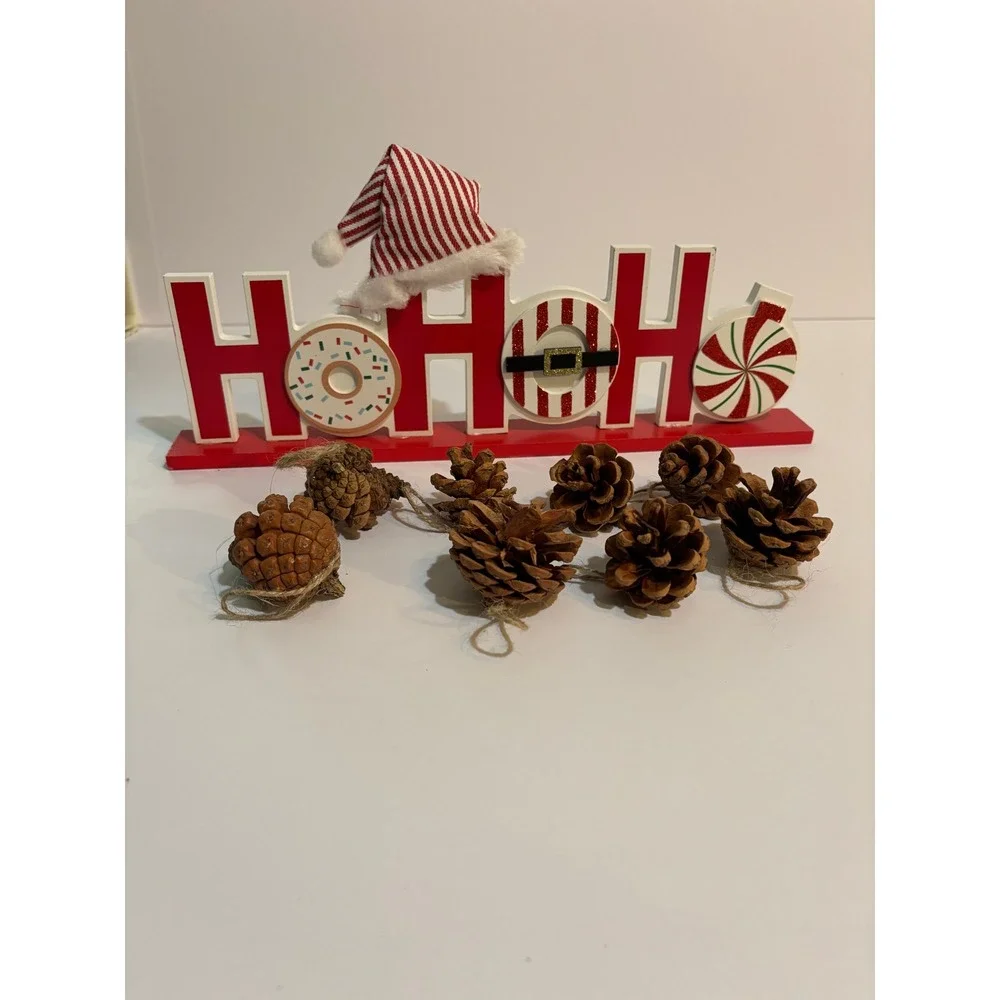 Christmas HO HO HO Wooden Sign and 6 Natural Pinecone Ornaments Holiday Decor
